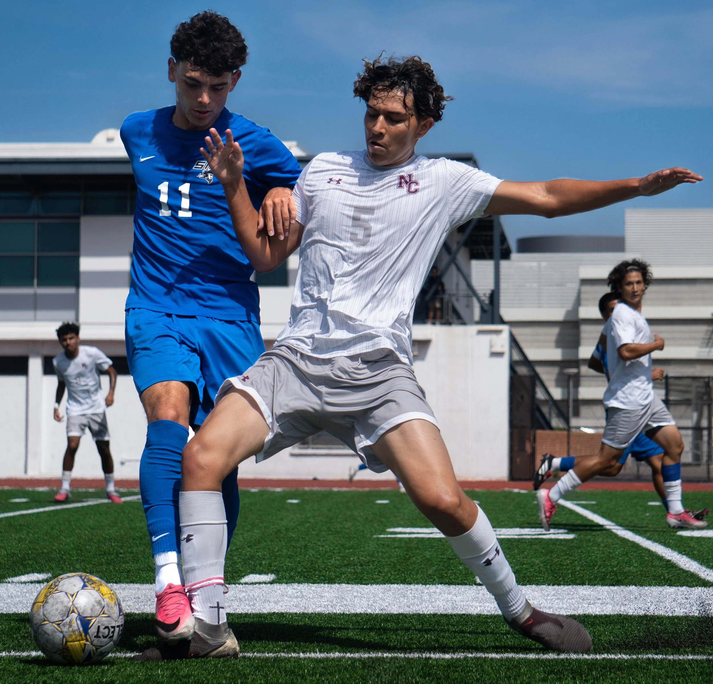  Santa Monica College (SMC) Forward Miguel Cano (11) attempts to take possesion of the ball against a Norco College player during a men's soccer game in Santa Monica, Calif. on Friday, September 25th, 2026. The Corsairs tied The Mustangs 3-3...(Andy 