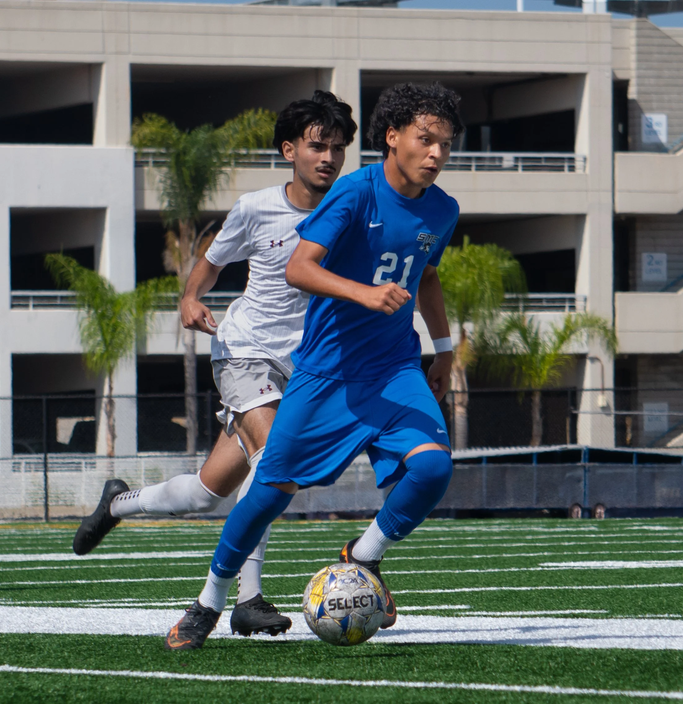  Santa Monica College (SMC) mid fielder Angel Diaz rushes past Norco Community College player in an attempt to assist a goal during a men's soccer game in Santa Monica, Calif. on Friday, September 25th, 2026. The Corsairs tied the Mustangs 3-3...(And