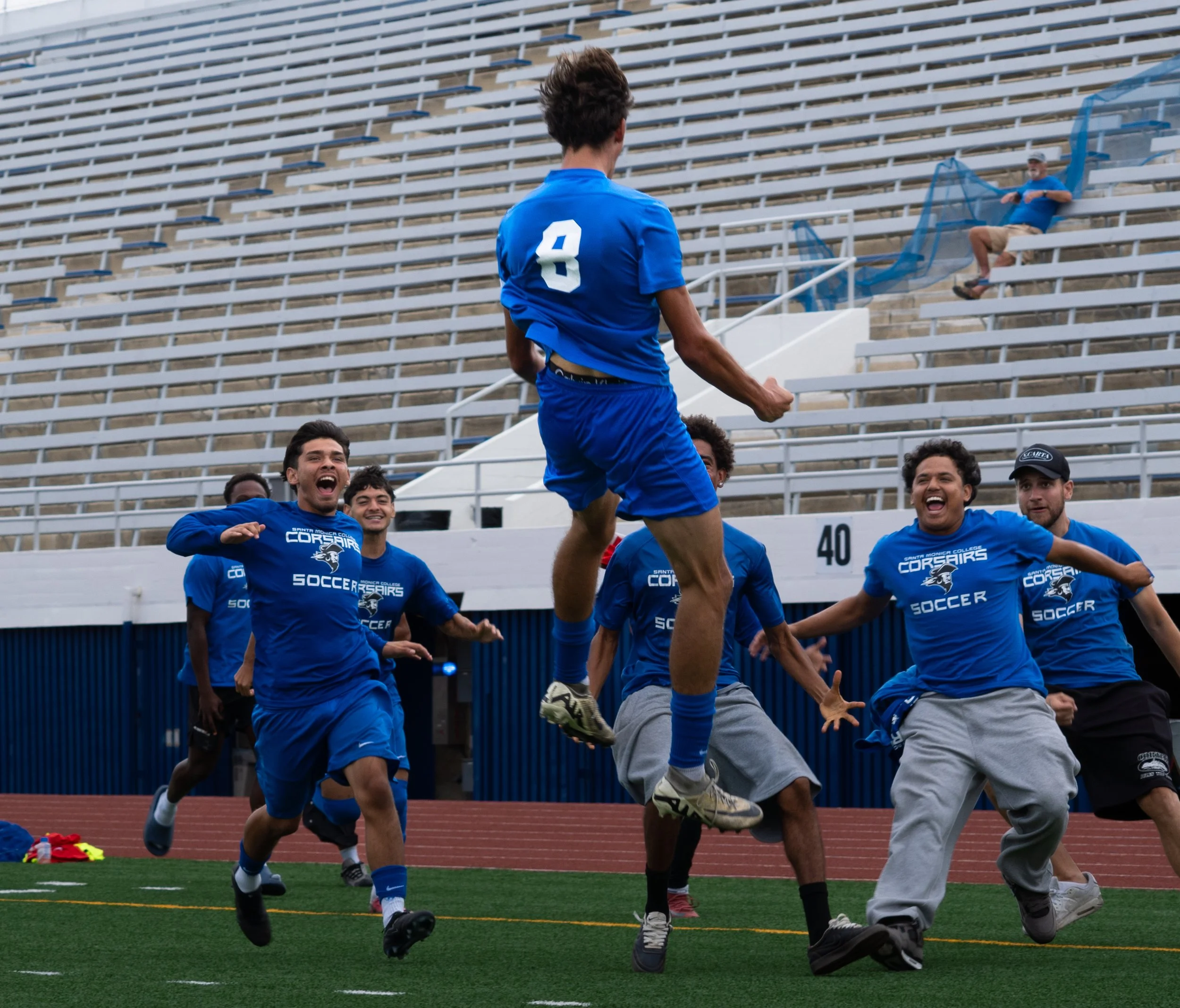  Santa Monica College (SMC) forward Leo Blanchet (8) celebrates the goal he made against Norco Community College with his teammates in Santa Monica, Calif. on September 25th, 2026. The Corsairs tied against The Mustangs 3-3...(Andy Garcia | The Corsa