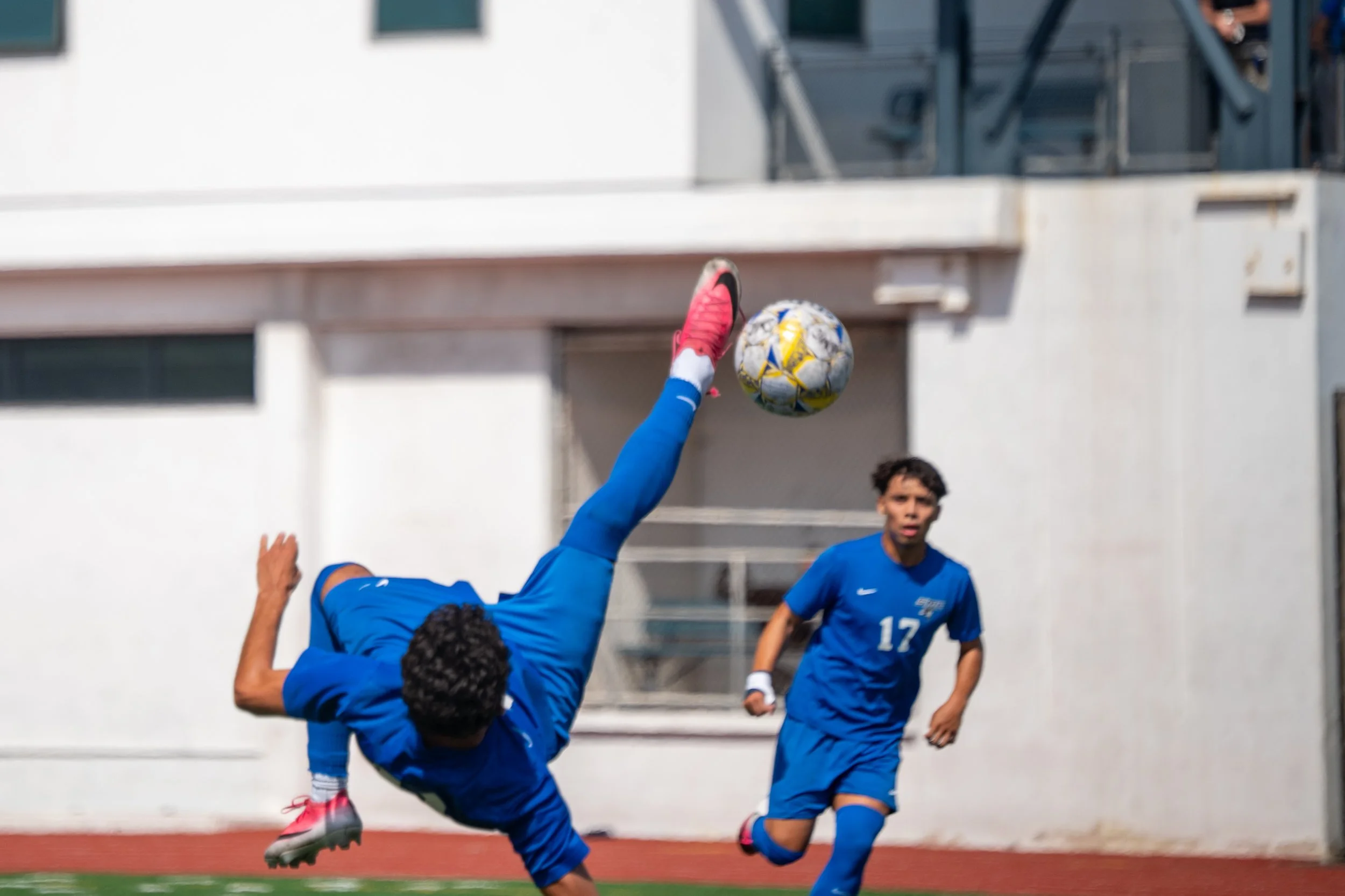  Santa Monica College (SMC) Corsair Miguel Cano (11)  bycicle kick for a goal during the game with Norco Community College on Friday, September 25, 2026, Santa Monica, Calif. The Corsairs tied the Mustangs 3-3.. (Tom Rosholt | The Corsair) 