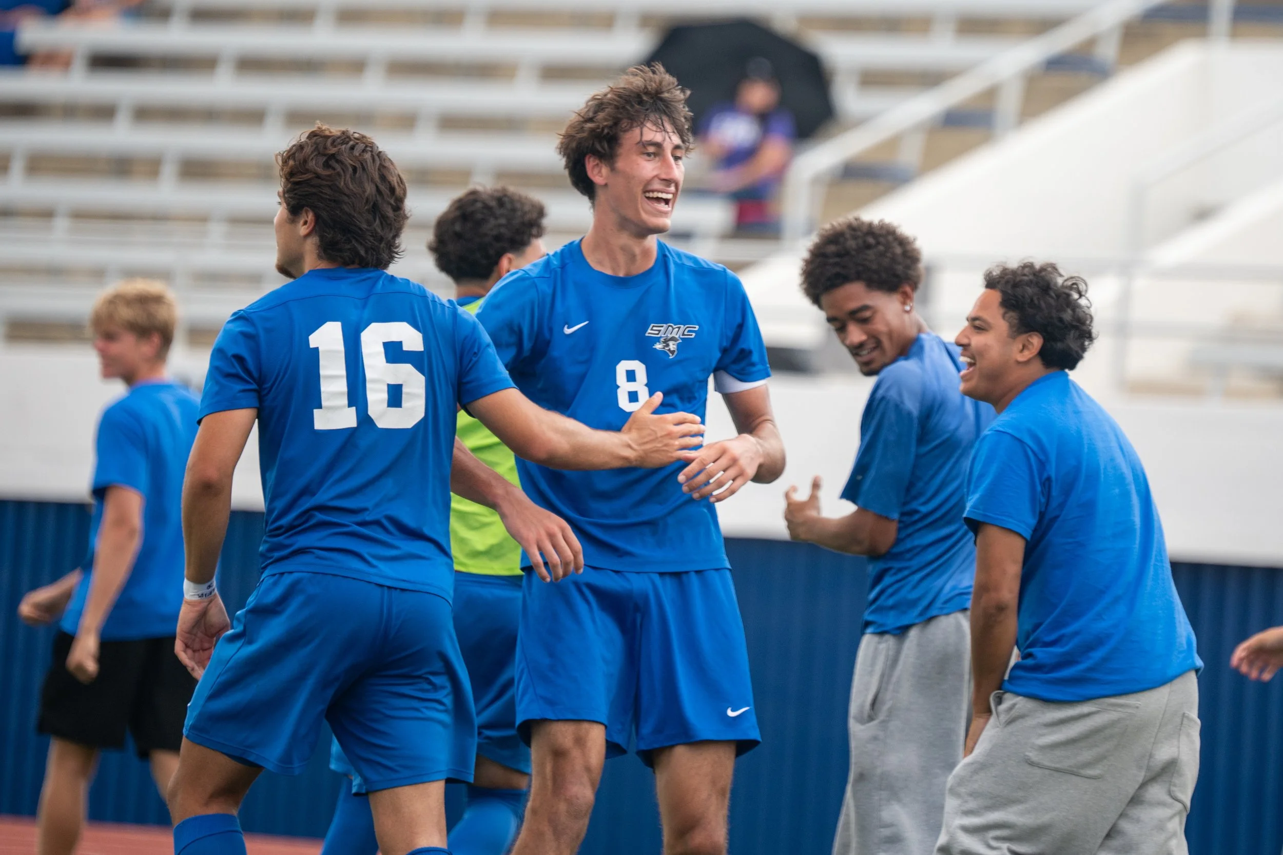  Santa Monica College (SMC) Corsair iLeo Blanchet (8) celebrates with team after scoring a goal during the game with Norco Community College on Friday, September 25, 2026, Santa Monica, Calif. The Corsairs tied the Mustangs 3-3.. (Tom Rosholt | The C