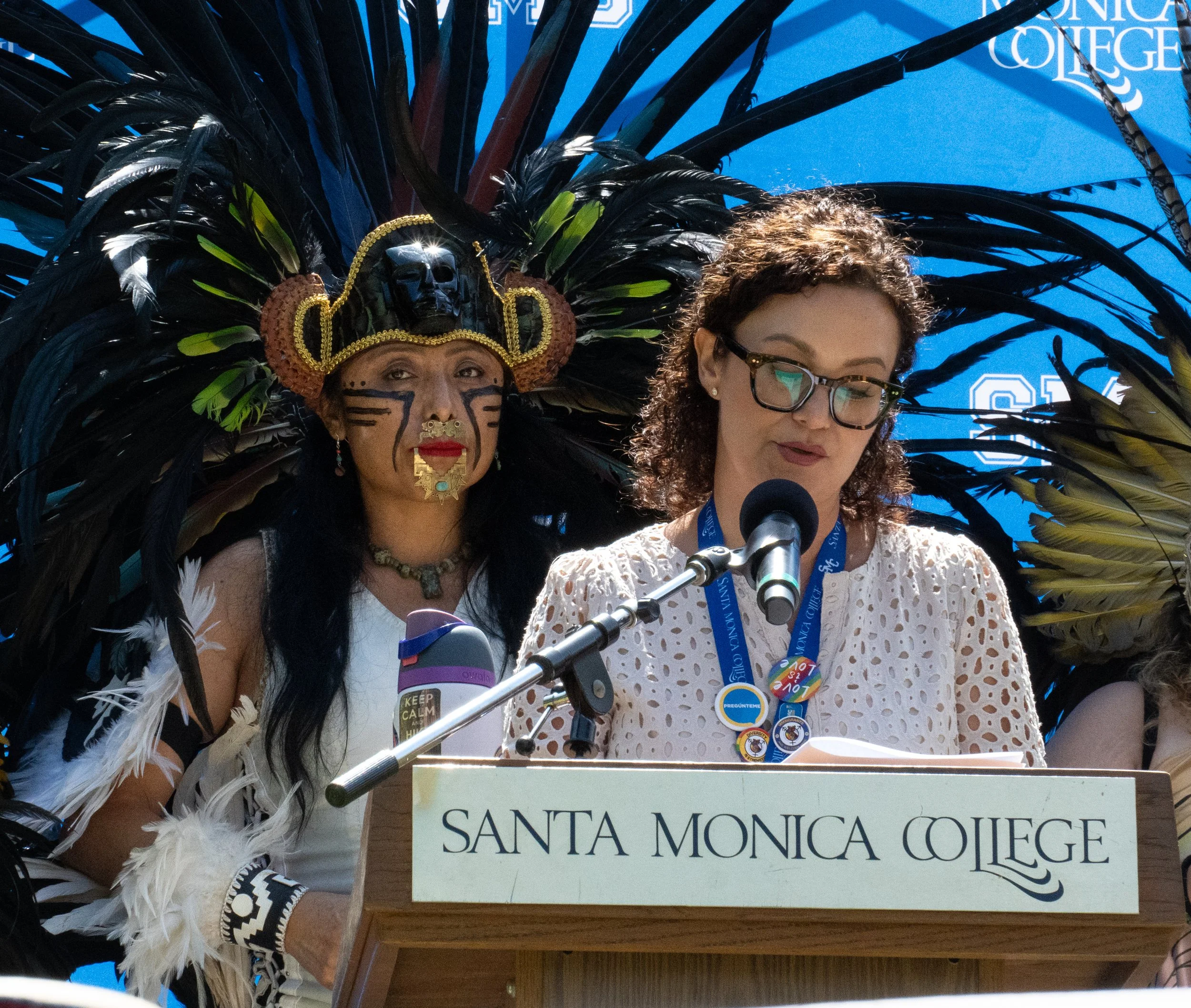  Aztec Dancer Araceli Contreras stands while Llanet Martínez, the dean of Santa Monica College gives a speech for the Latinx Heritage Month event on campus in Santa Monica Calif., on Thursday, Sept. 17th, 2026. The Celebration consisted of speeches, 