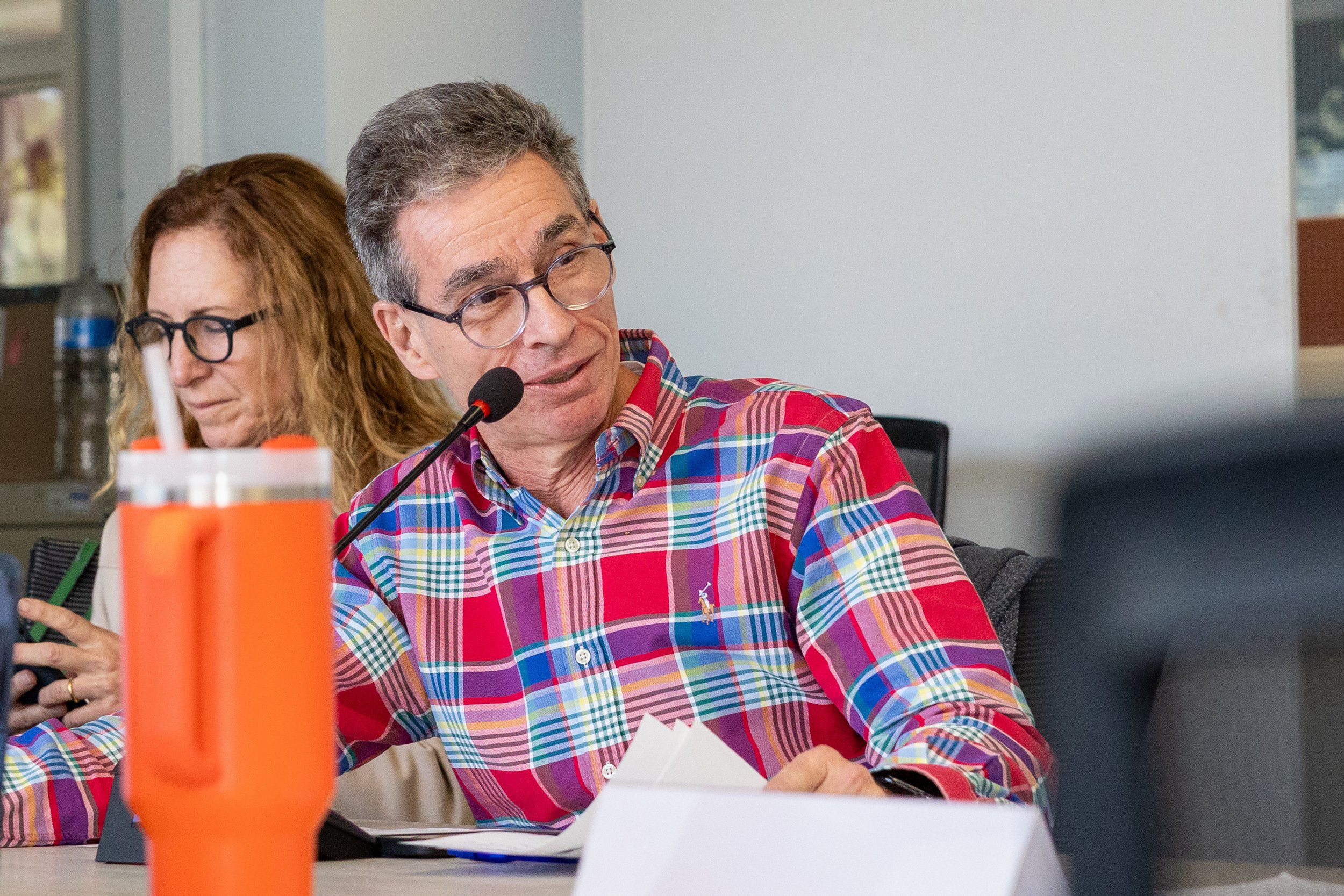  Mitch Heskel, Dean of Entertainment Enterprise, (Right), and Lizzy Moore, Dean of the SMC Foundation (Left), at the A.S. Board of Directors meeting on Monday, Oct. 12, 2026, at the second floor computer lab of the Cayton Center, at Santa Monica Coll