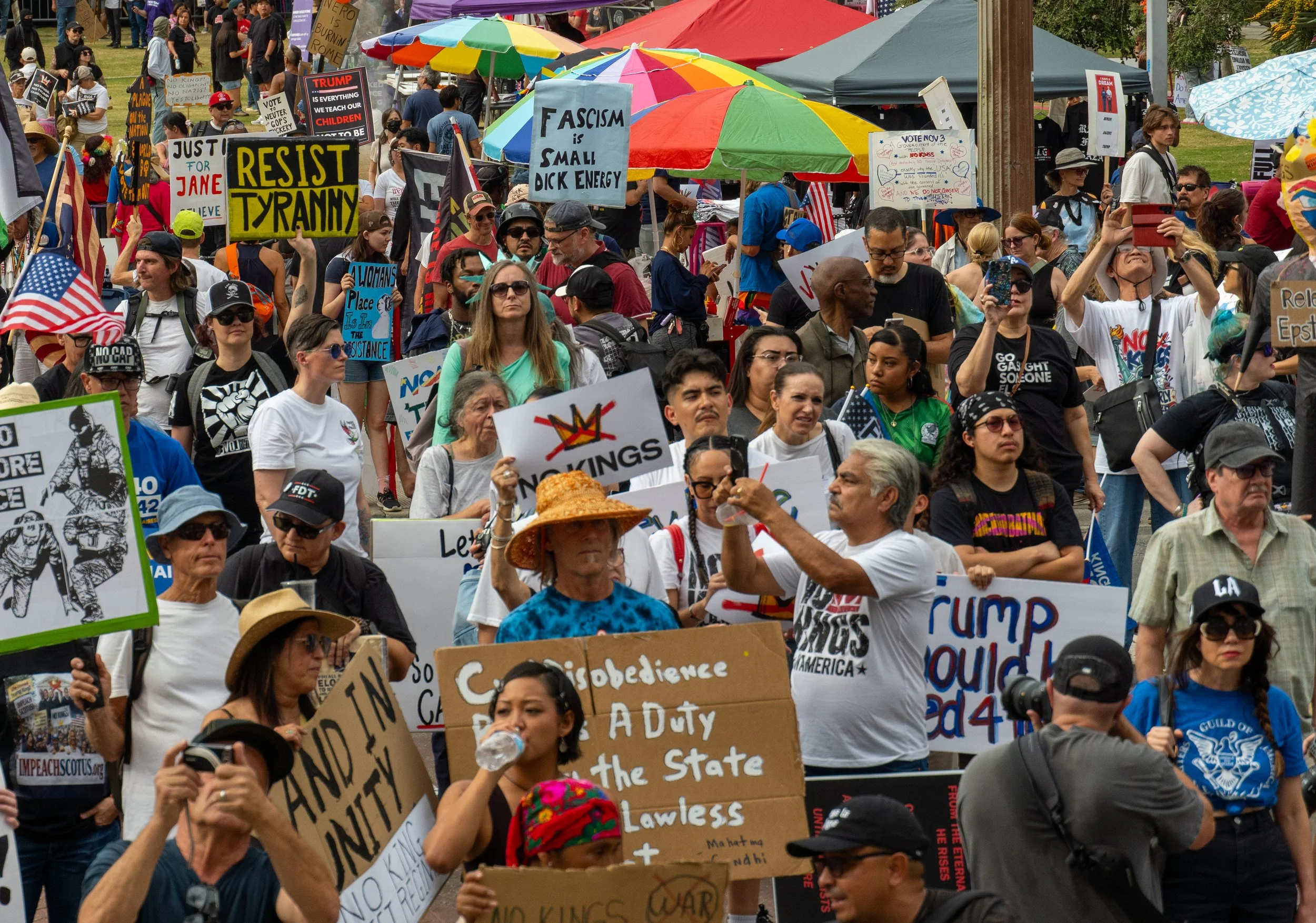  Many protestors gather for the beginning of No Kings infront of Los Angeles City Hall in Los Angeles Calif. on Saturday October 17th, 2026. (Andy Garcia | The Corsair) 