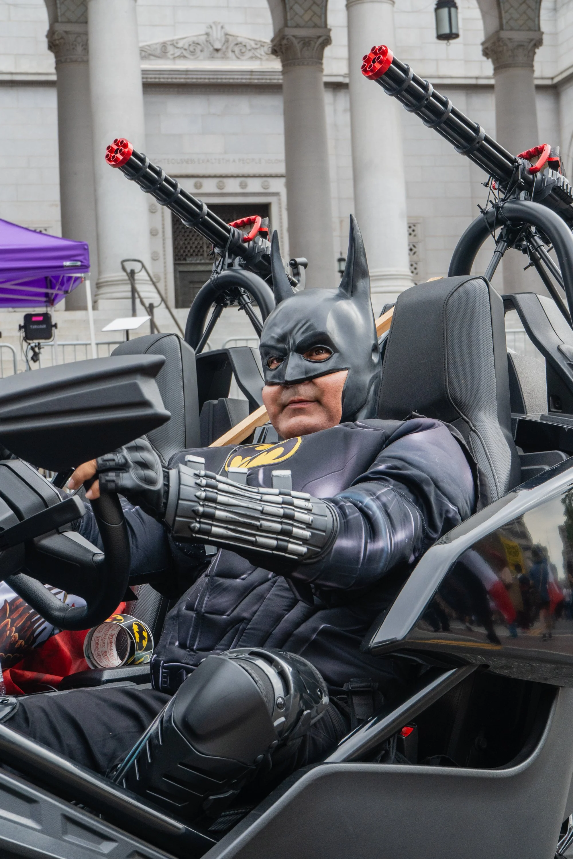 A protestor dressed as Batman in front of Los Angeles City Hall on Saturday, Oct. 17, 2026. (Steve Lopez | The Corsair) 
