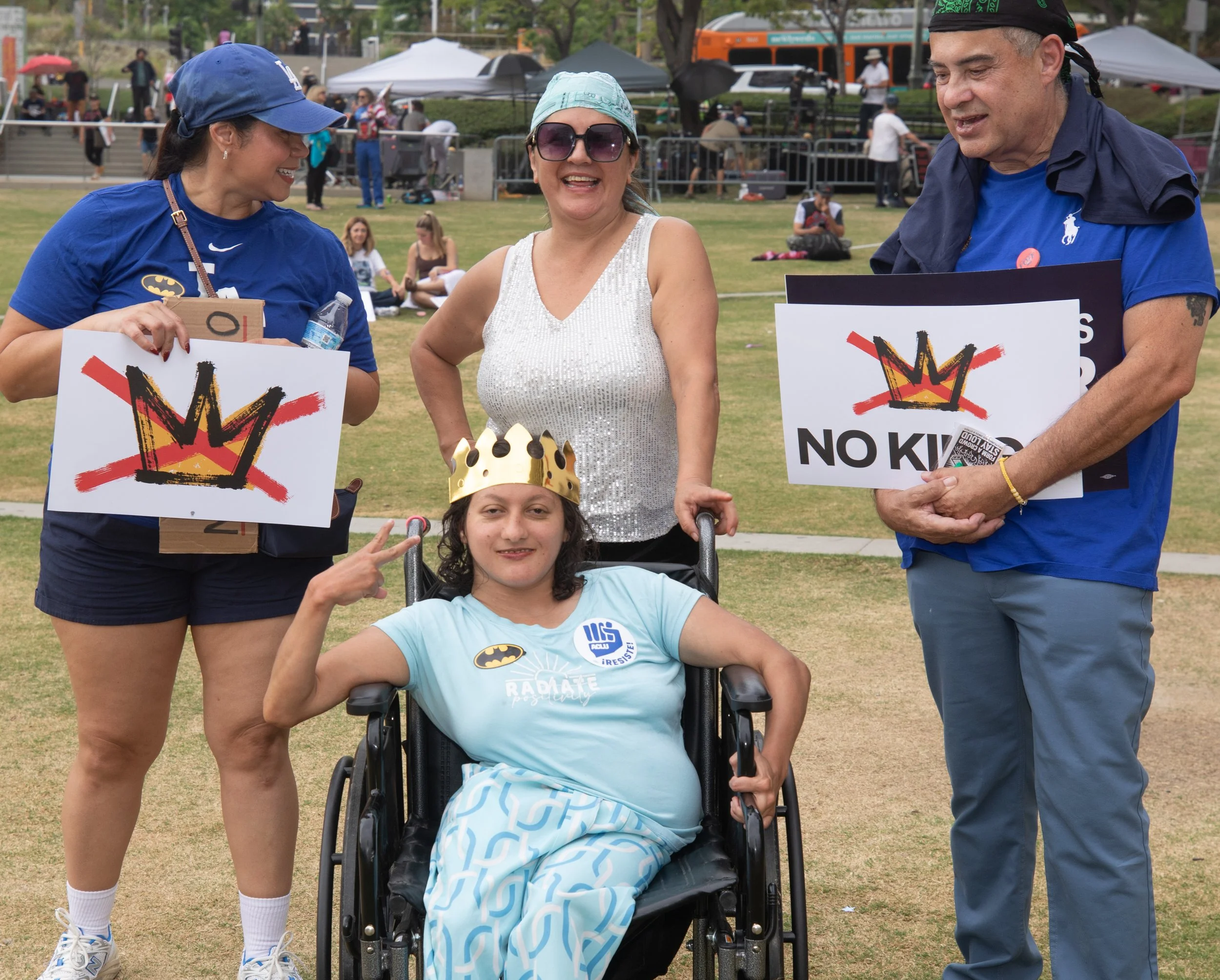  Families gathered outside City Hall in downtown LA on Saturday, Oct. 17, 2026, for the No Kings get out the vote rally ahead of Nov. 3 midterms. Speakers and attendees said the rally was notably smaller than previous No Kings rallies, despite gather