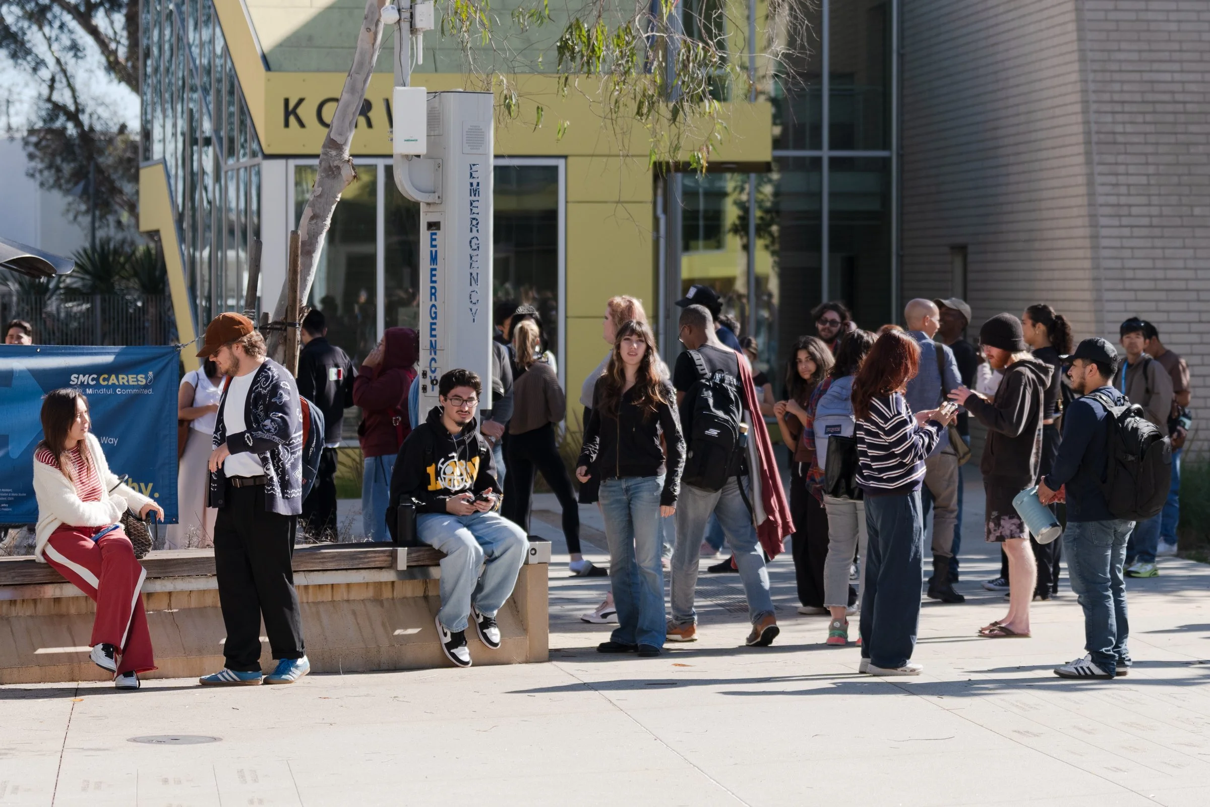  Santa Monica College (SMC) students at the Center for Media & Design (CMD) Campus gather in the courtyard during the "Great California Shakeout" earthquake drill in Santa Monica, Calif., Thursday, Oct. 15, 2026. SMC alerted every student via text, e