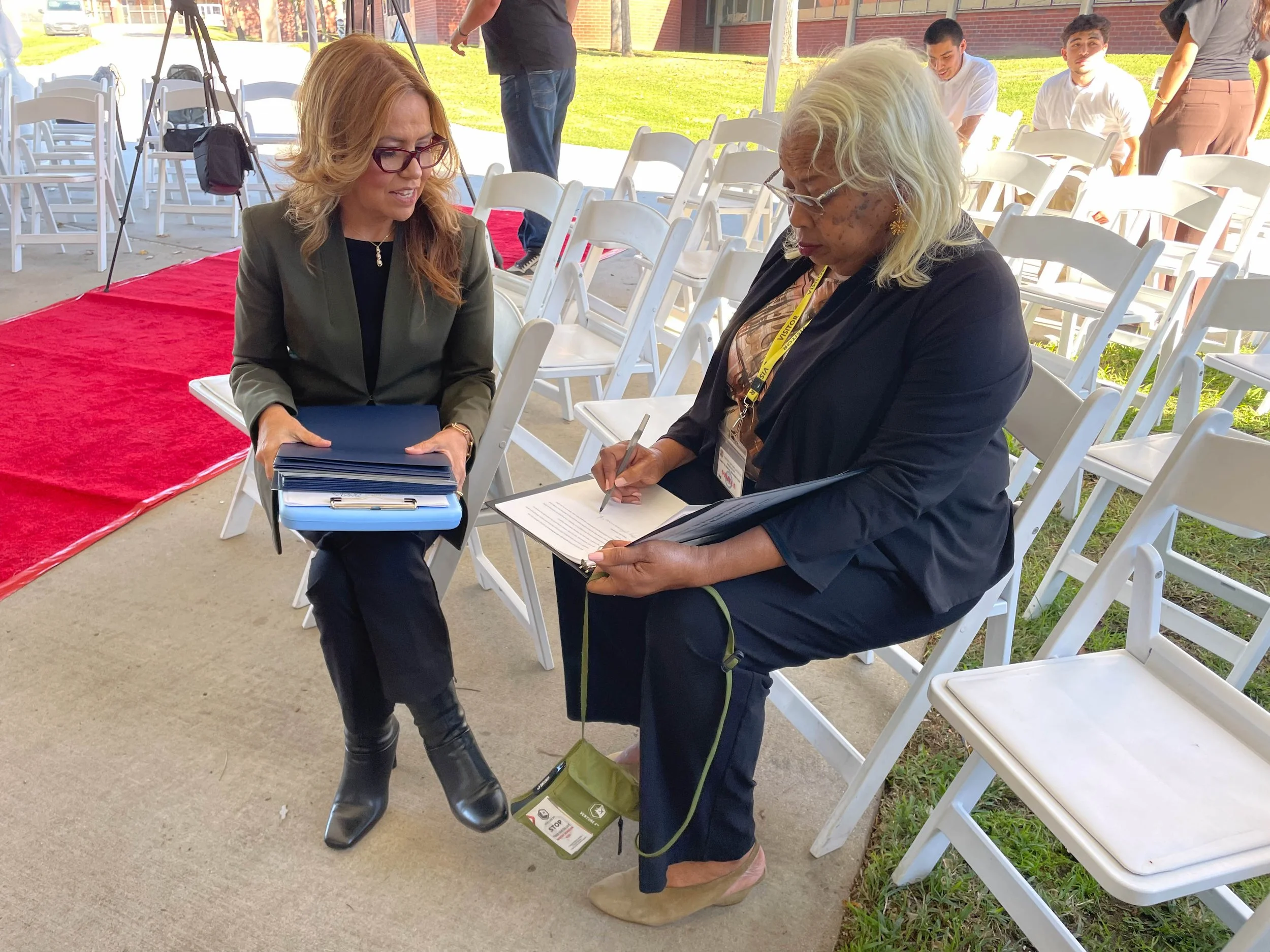  SMC Barbering Program at the Barry J. Nidorf Juvenile Hall 16350 Filbert Street, Sylmar, Calif., on Oct. 24, 2026. Vicky Waters Communications Manager with President of Santa Monica College Dr. Kathryn E. Jeffery, Ph.D. going over information before