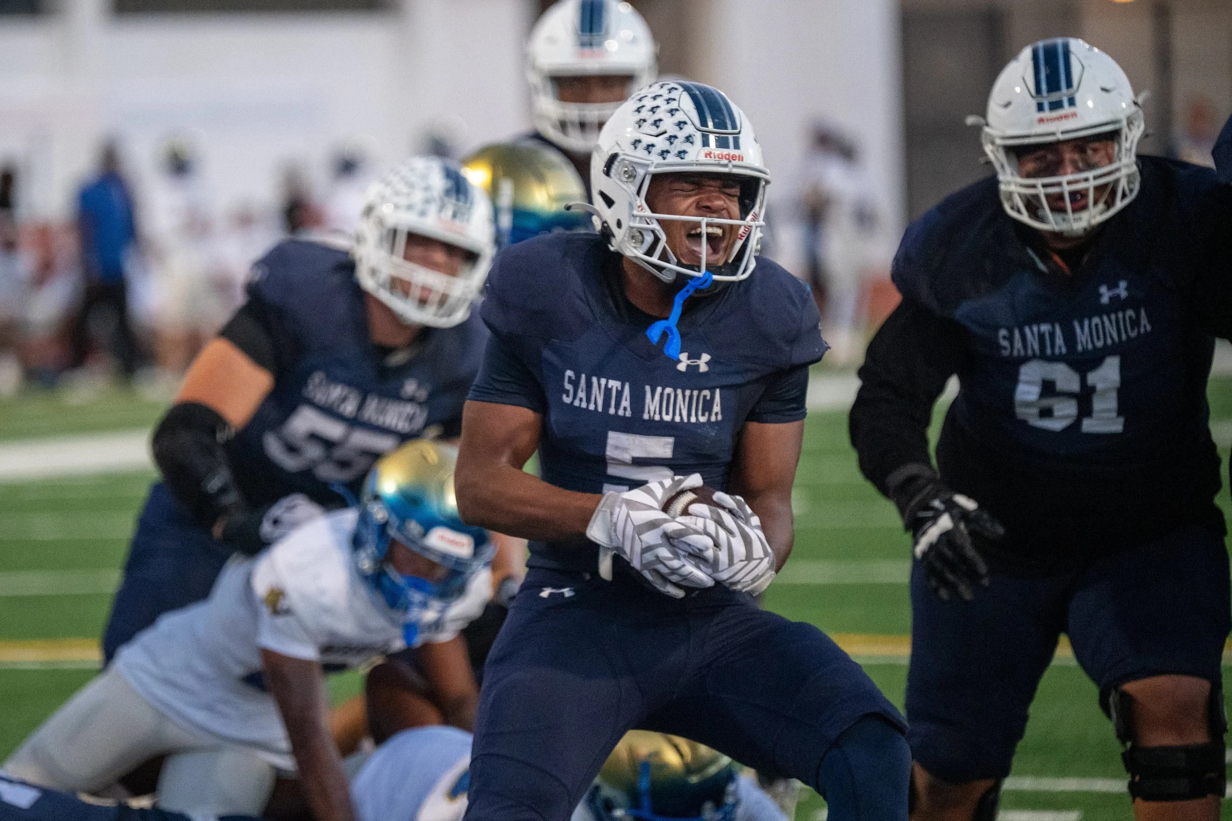  Santa Monica College (SMC) Corsair running back Dylan Franklin (5) celebrating his rushing touchdown during the Homecoming game with the West Los Angeles Wildcats at the Corsair Field in Santa Monica, Calif., on Saturday, Oct. 24, 2026. The Corsairs