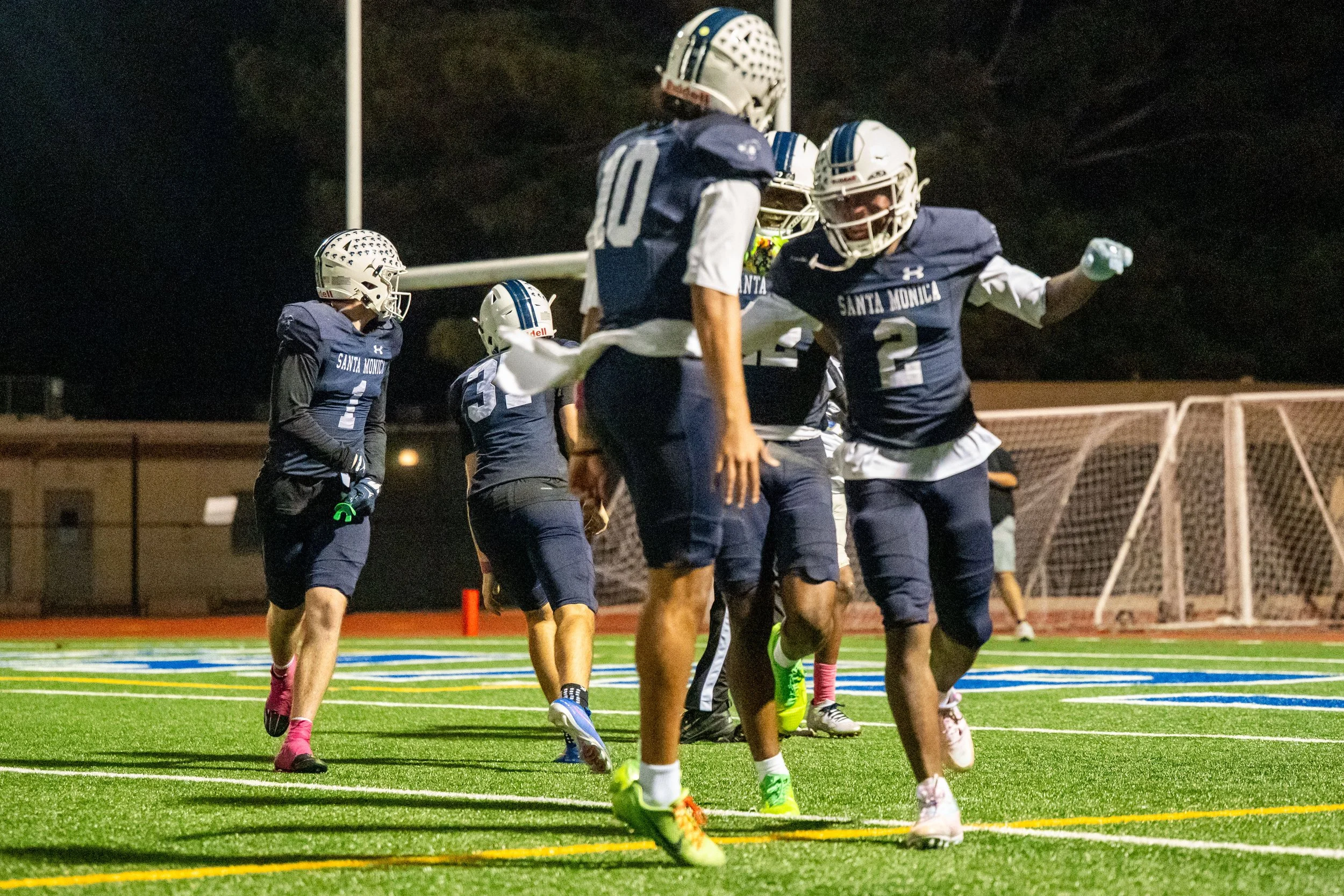 Santa Monica College (SMC) Corsair wide receiver Lamont White (2), celebrating a touchdown with teammates during the Homecoming game with the West Los Angeles Wildcats at the Corsair Field in Santa Monica, Calif., on Saturday, Oct. 24, 2026. The Cor