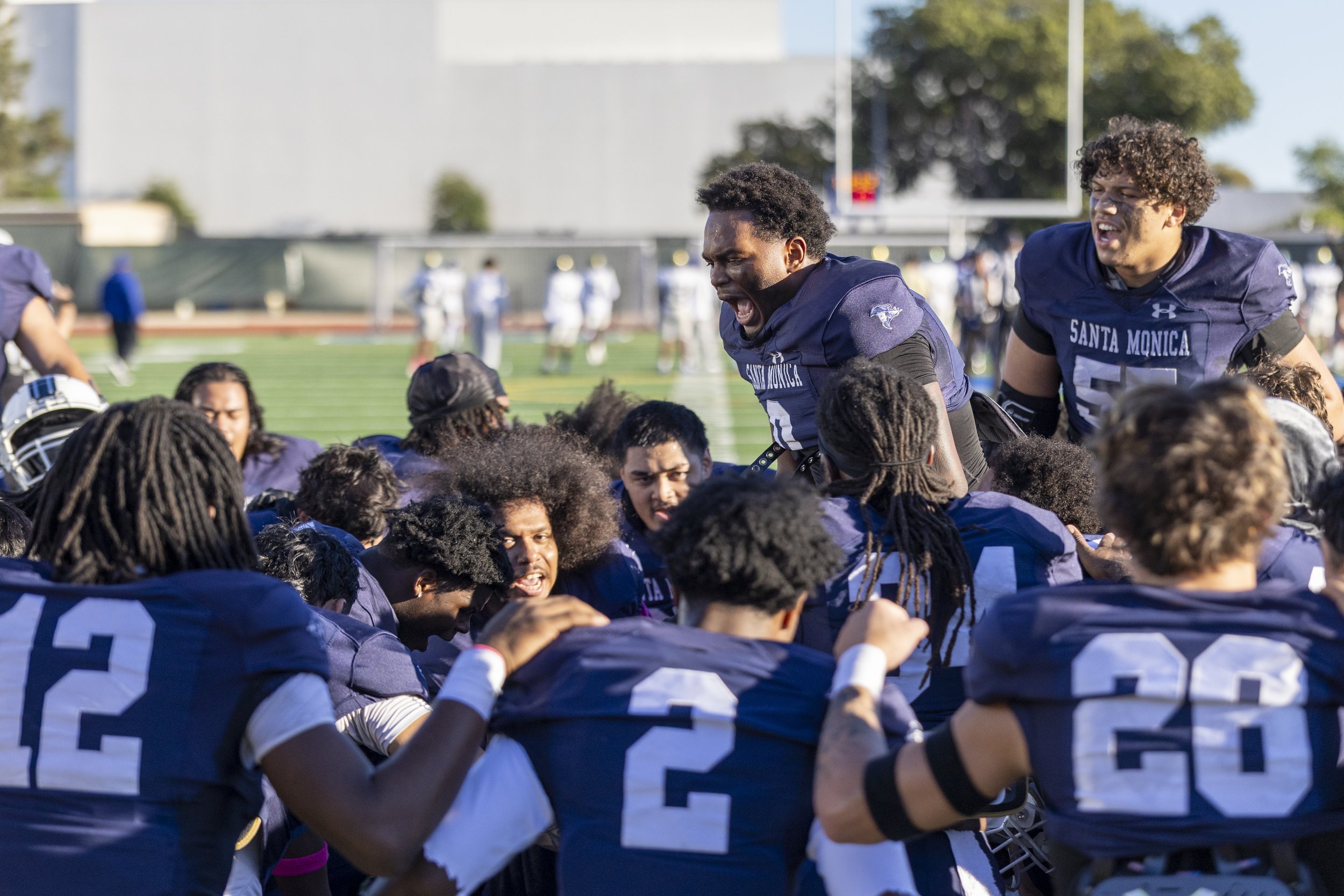  Santa Monica College (SMC) Men’s Football Corsairs gather and pray together before facing the West Los Angeles College Wildcats on Saturday, Oct. 24, 2026, at Corsair Field in Santa Monica, Calif. The game marked SMC Football Homecoming, honoring so