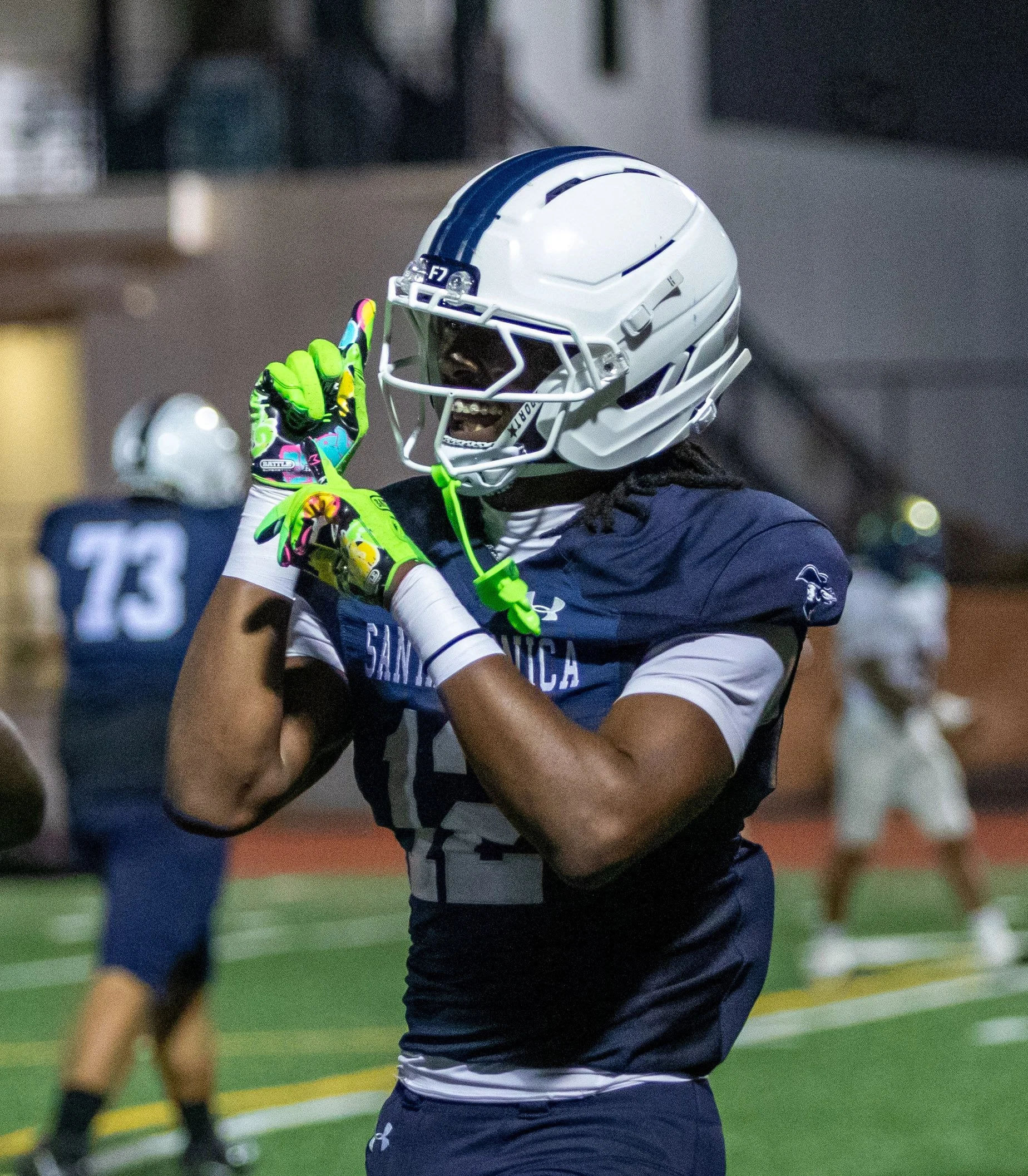  The Santa Monica College Corsairs'  wide reciever Sean Grier (12) dances after the Corsairs score at Corsair Field in Santa Monica, Calif., Saturday, October 24, 2026. (The Corsair | Jared Bojorquez) 