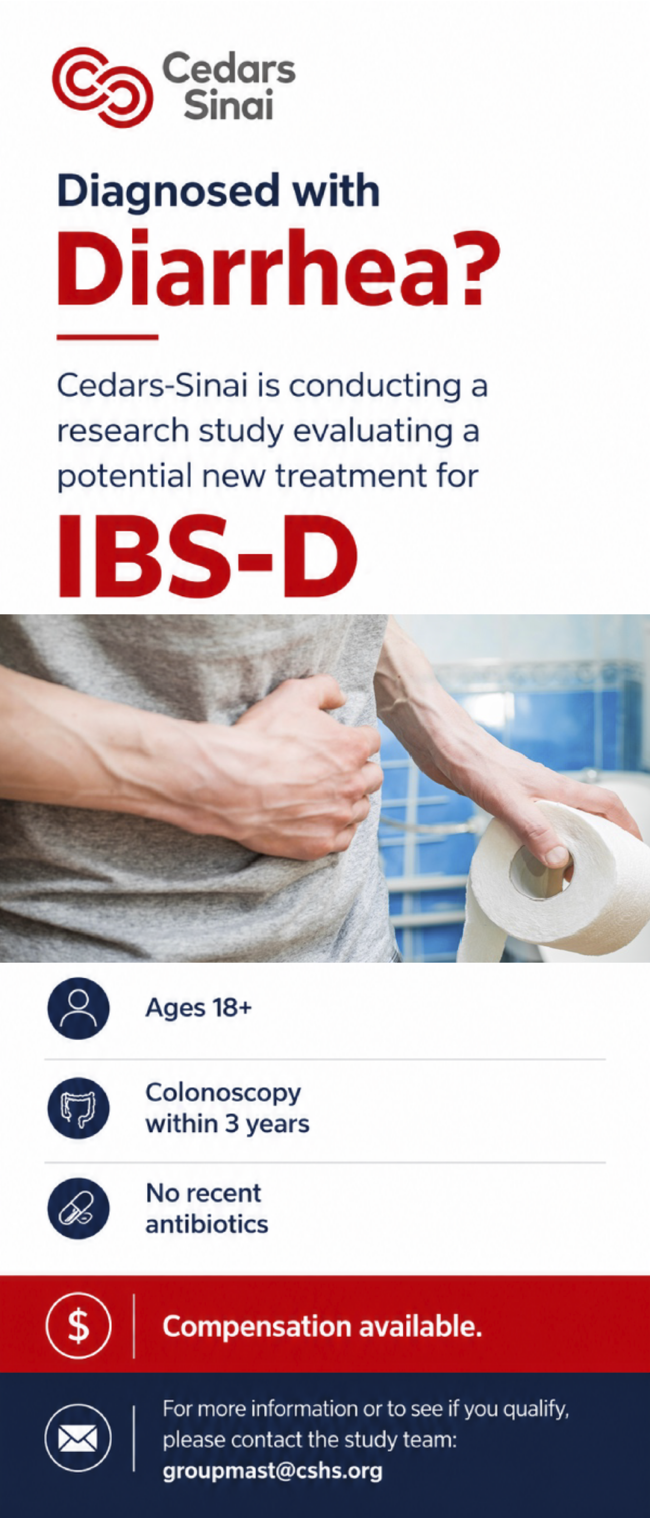 Ad to participate in an IBS study through Cedar Sinai. Click fo the link.