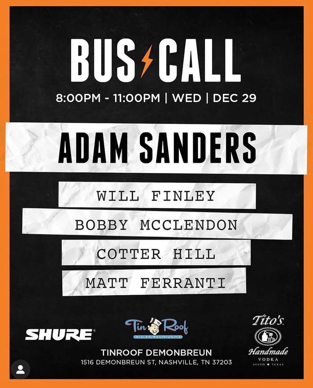 Last show of the year! Y&rsquo;all don&rsquo;t want to miss this! @buscall @tinroofnashville