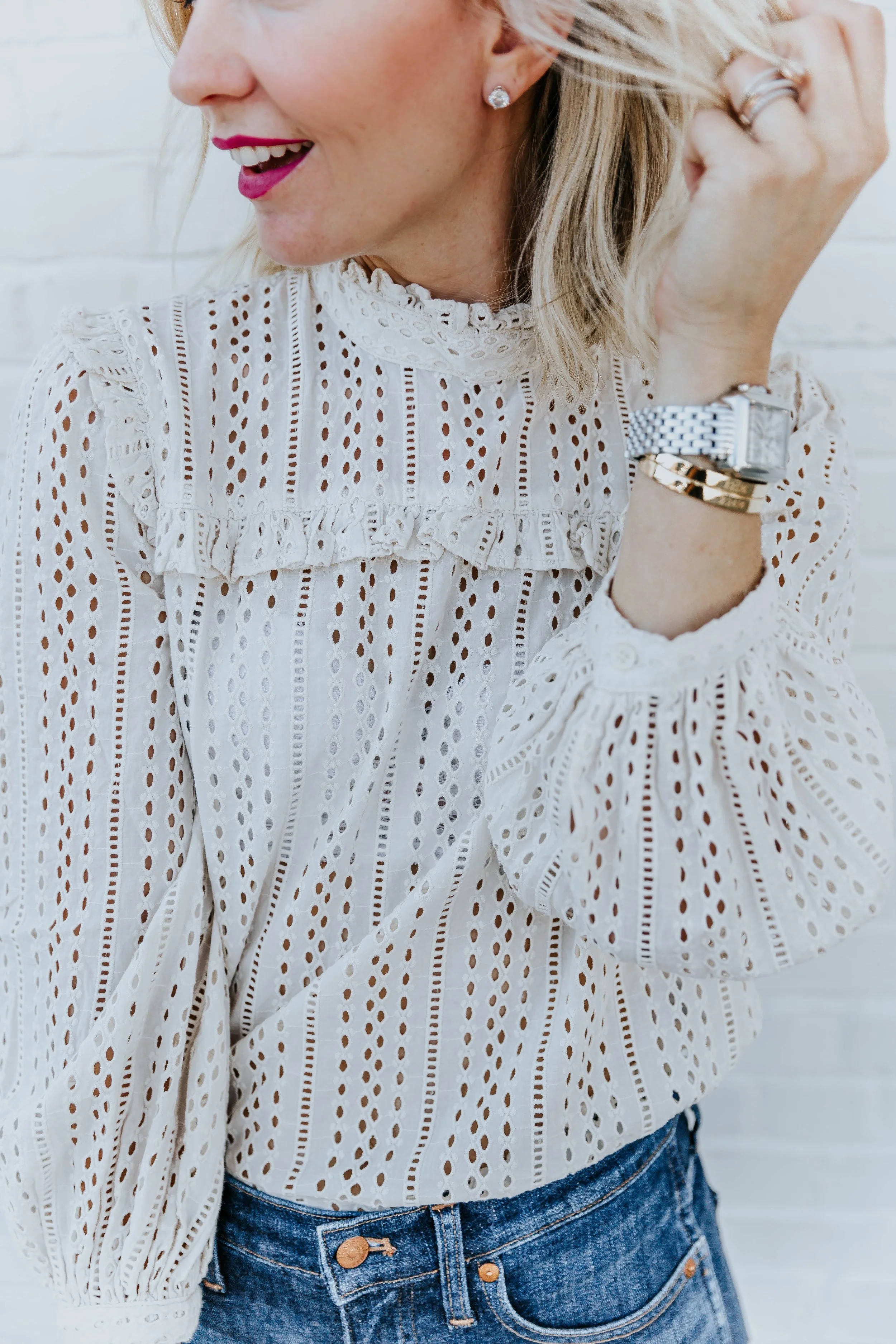 madewell eyelet mockneck ruffle top
