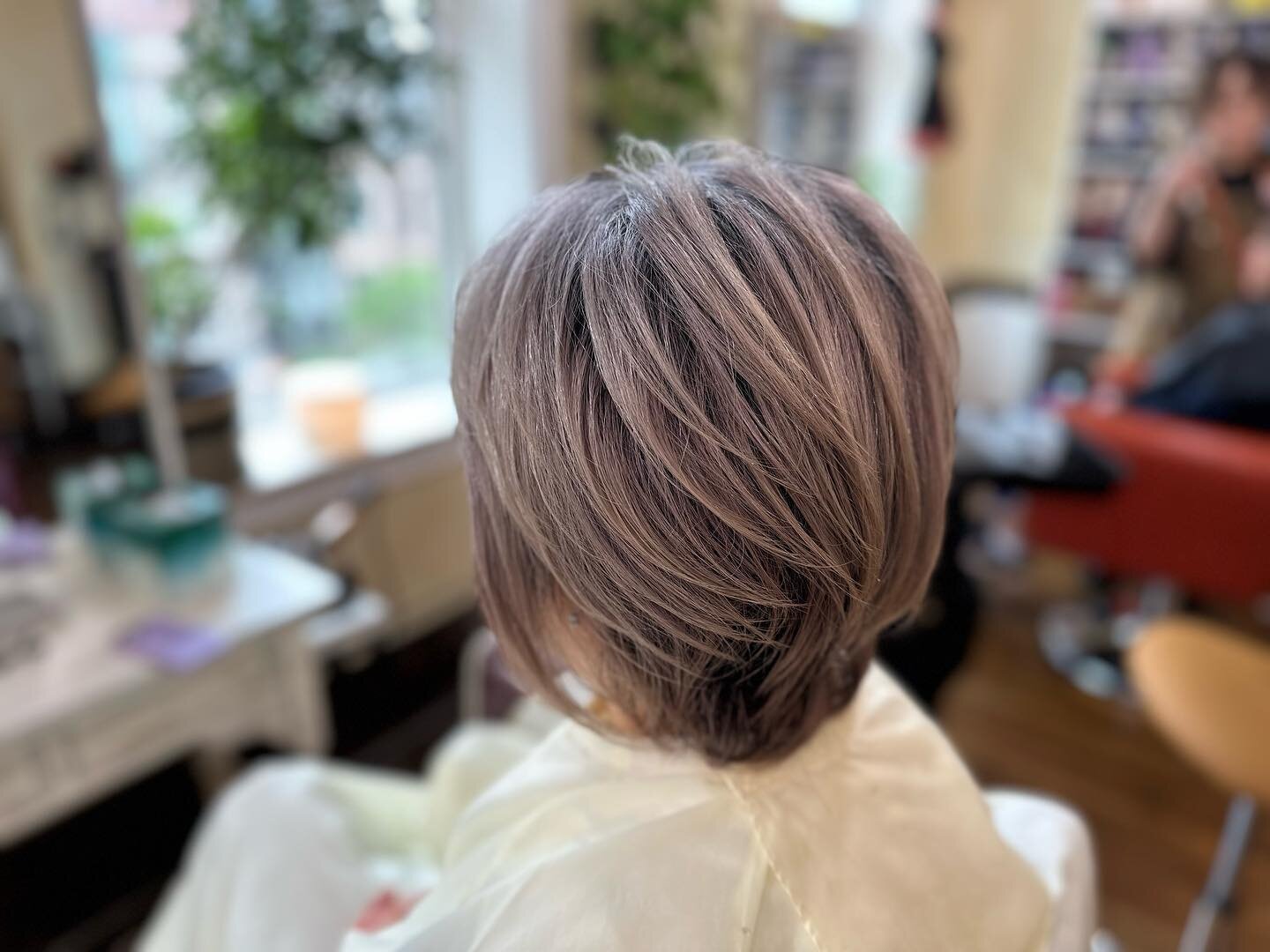 Women&rsquo;s Haircut
Stylist: Jack

A couple months ago, we dyed her hair purple using bleach. Initially, it was a vibrant coloring but over time, as it fades, it lightens up and helps to blend in with gray hairs as they start to grow. 
With a fresh