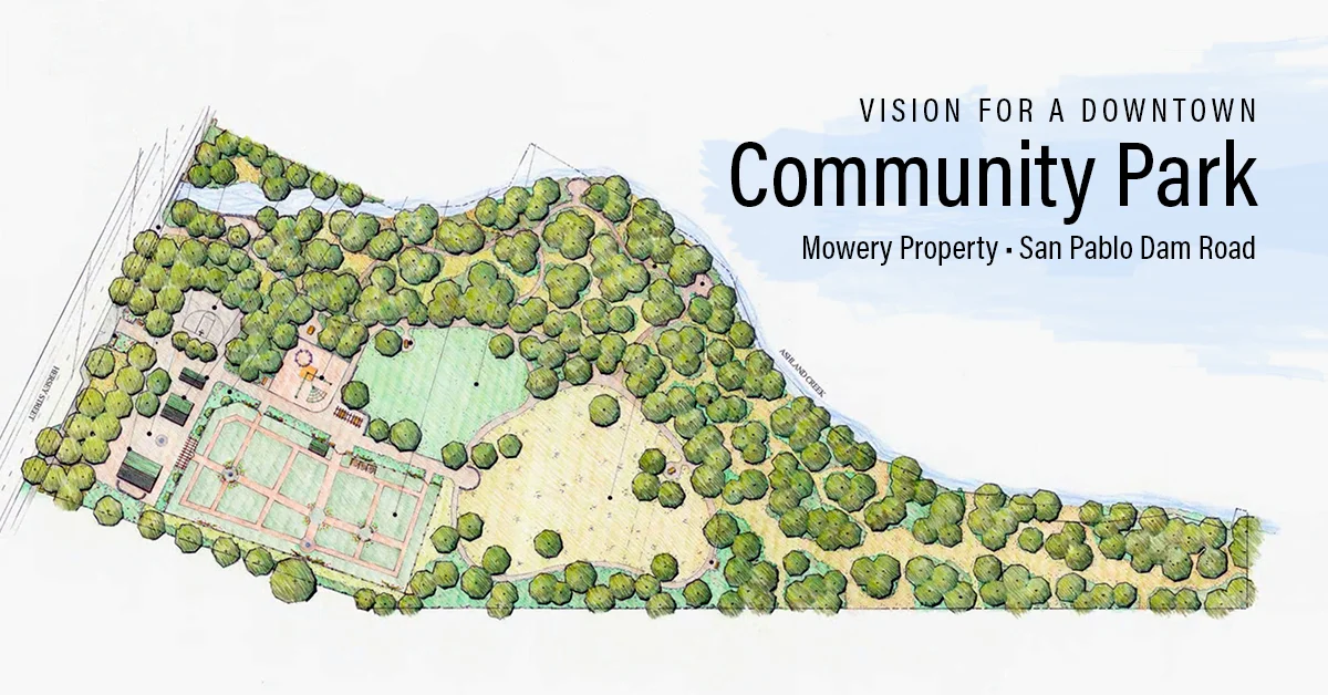 This architectural rendering shows how the Mowery Property at 4001 & 4011 San Pablo Dam Road could be transformed into a Creekside Community Park. View details of what is possible!
