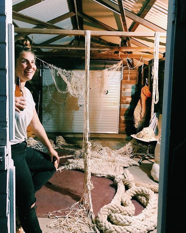 Our resident artist @jessleitmanis in her new weaving den at the studio. Jess rescues ropes washed ashore from the ocean and turns them into incredible pieces of art. Check out her work. And if you&rsquo;re an artist looking for a space, we have anot