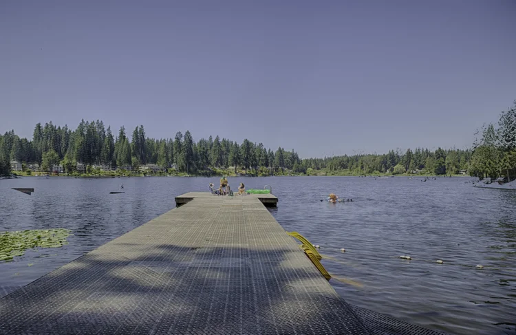 Long floating dock stretching into Cottage Lake with evergreens along the far shore