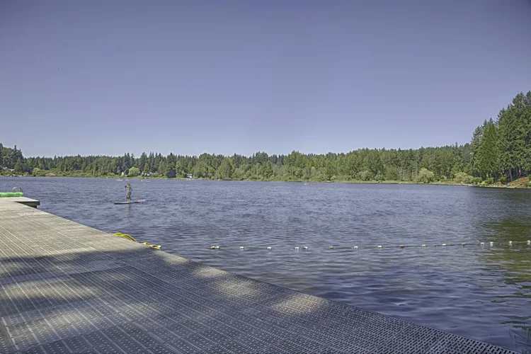 Cottage Lake swim dock with a swim line and paddleboarder on the water, Woodinville