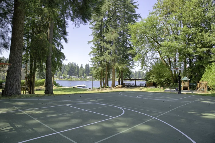 Outdoor sport court with basketball hoop and lake view through tall trees at Cottage Lake