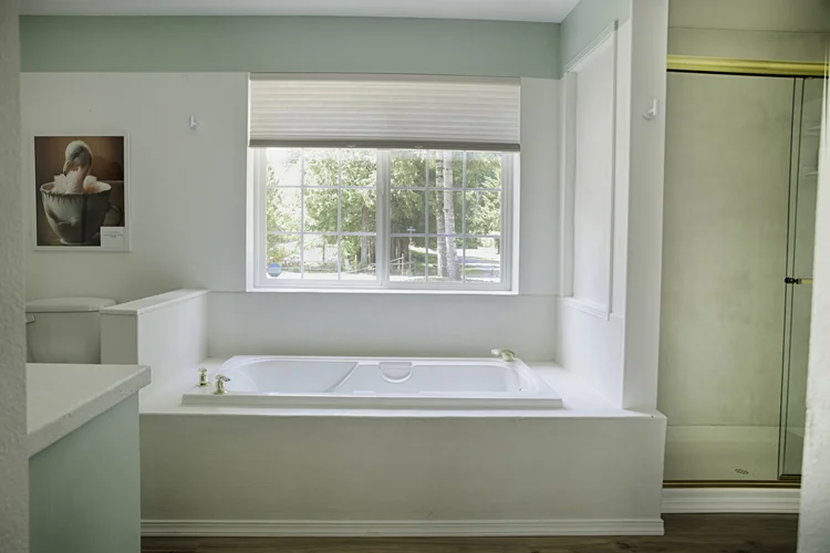 Primary bath with soaking tub under a wide window and a glass walk-in shower