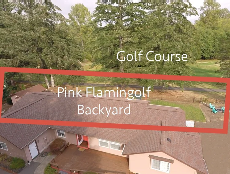 Labeled aerial of the Pink Flamingolf backyard bordering the Lake Cushman golf course