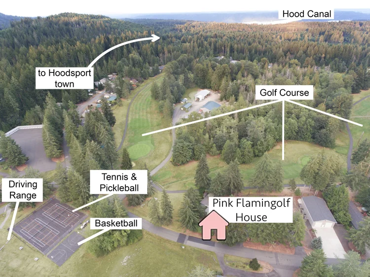 Labeled aerial of Pink Flamingolf house near the Lake Cushman golf course, tennis courts and Hood Canal