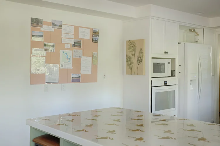 Kitchen corner with guest corkboard, white built-in oven, microwave and flamingo-print countertop