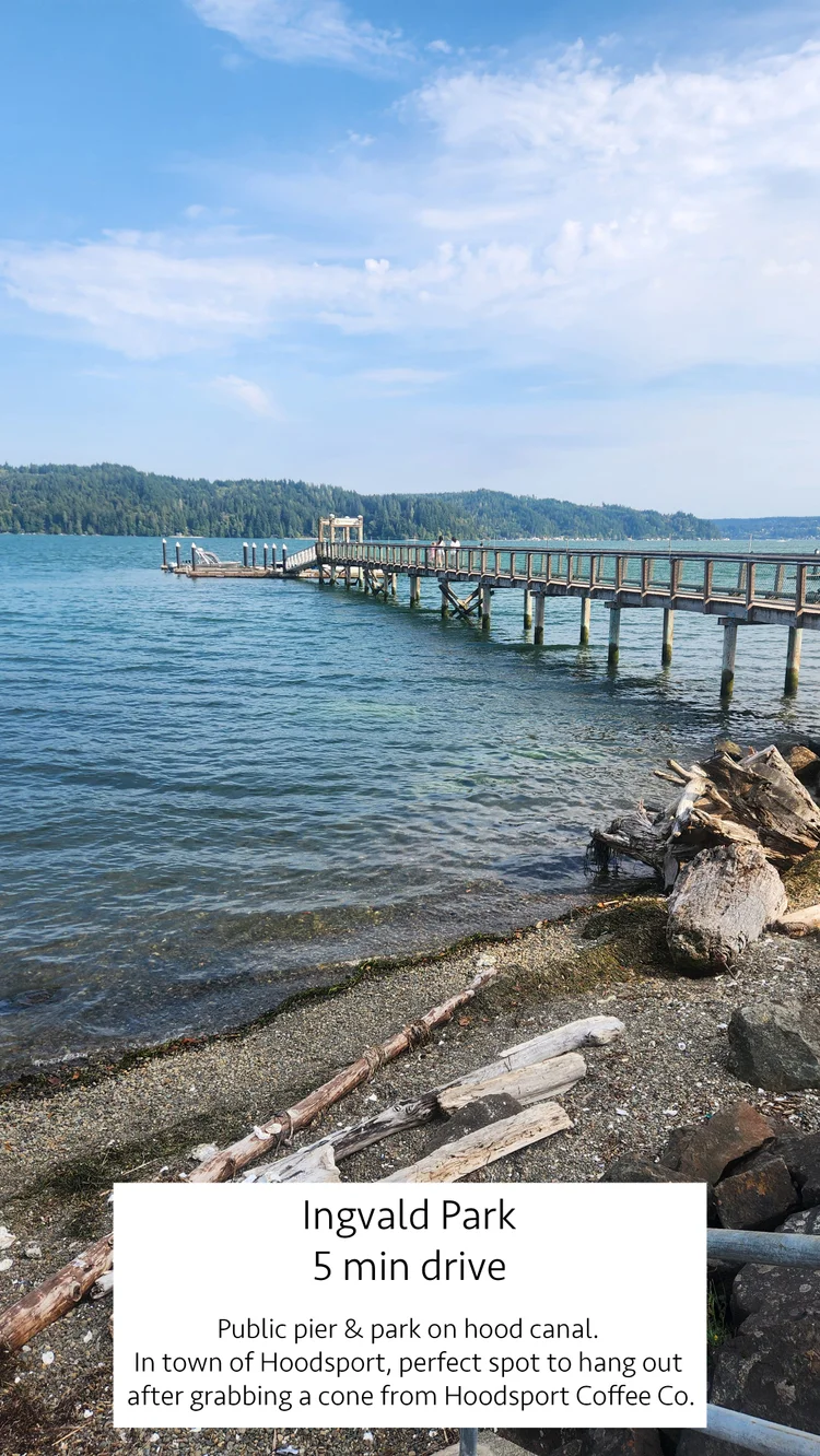 Ingvald Park pier on Hood Canal, 5 minute drive, with driftwood on the rocky beach