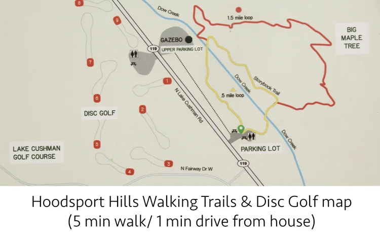 Map of Hoodsport Hills walking trails and disc golf, 5 minute walk from the house