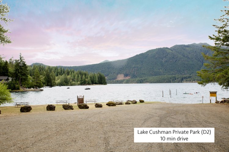 Lake Cushman Private Park D2 beach and boat launch with forested mountains, 10 minute drive