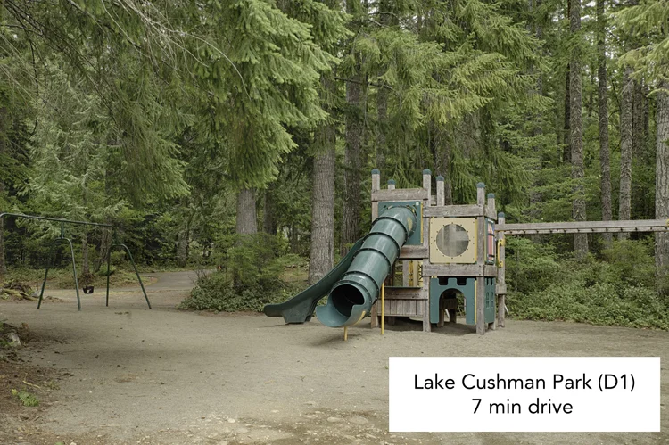 Playground with tube slide and swings under tall firs at Lake Cushman Park D1
