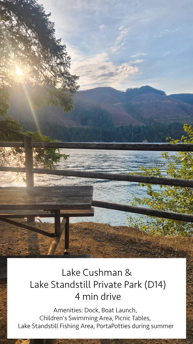 Picnic table at a lakeside rail, Lake Cushman and Lake Standstill Private Park D14, 4 minute drive