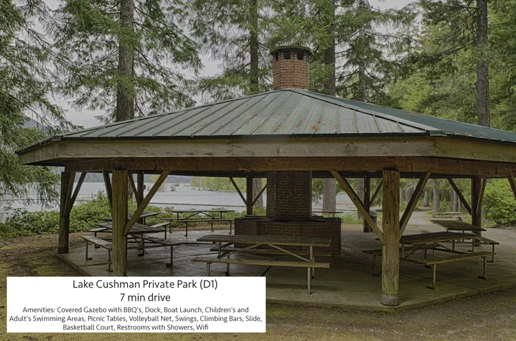 Covered gazebo with picnic tables and chimney at Lake Cushman Private Park D1, with amenities list