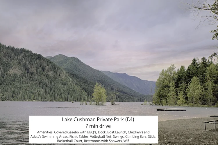 Swimming area and floating dock at Lake Cushman Private Park D1, with amenities list