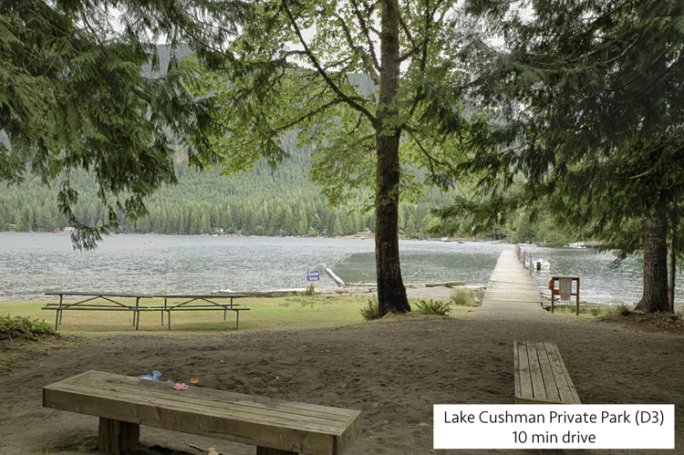 Sandy picnic area and dock at Lake Cushman Private Park D3, 10 minute drive