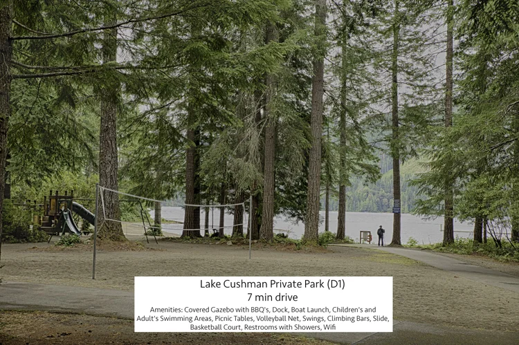 Volleyball net and play structure among tall firs at Lake Cushman Private Park D1