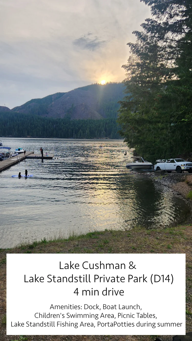 Sunset over the dock and boat launch at Lake Cushman and Lake Standstill Private Park D14