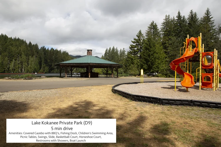 Lake Kokanee Private Park D9 with covered gazebo and red playground slide, 5 minute drive