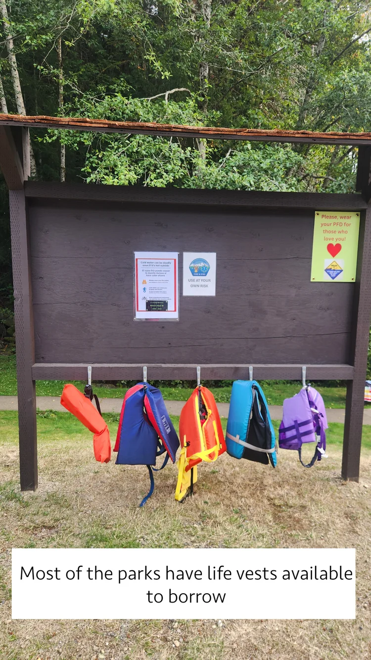 Loaner life vests hanging on a park board, most parks have life vests available to borrow