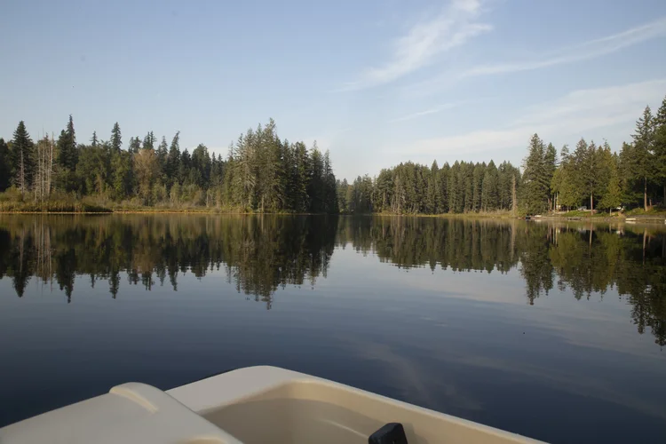 Calm lake reflecting an evergreen shoreline, seen from the bow of a paddle boat