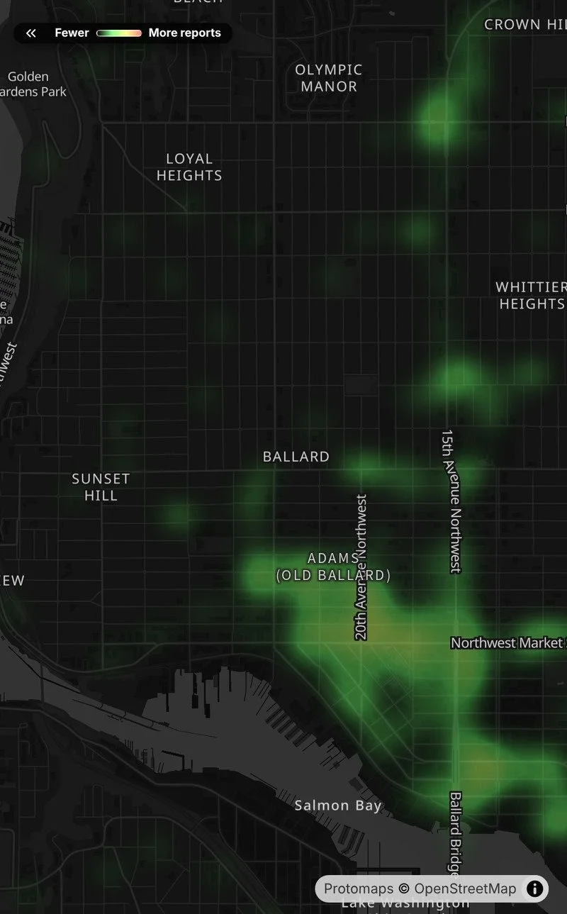 Map of reported crime in Old Ballard (Adams) and nearby Seattle neighborhoods, from fewer to more reports