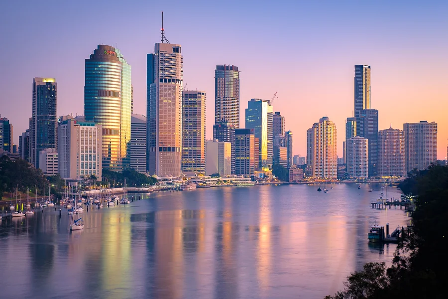 Brisbane City Skyline as seen from the Kangaroo Point Cliffs at dawn