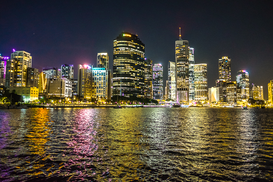 Brisbane city's night lights as seen from the bottom of the Kangaroo Point Cliffs
