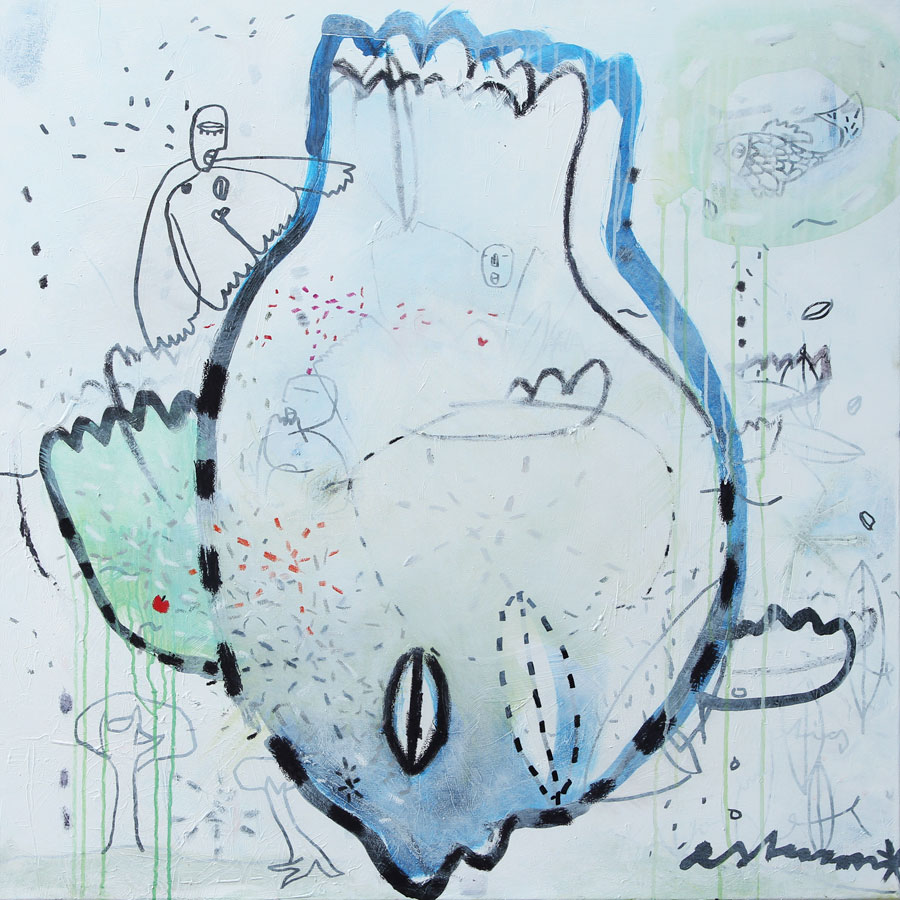 touching ground (2017)<br>Acryl, Marker, Ölkreiden auf Leinwand<br>100 x 100 cm