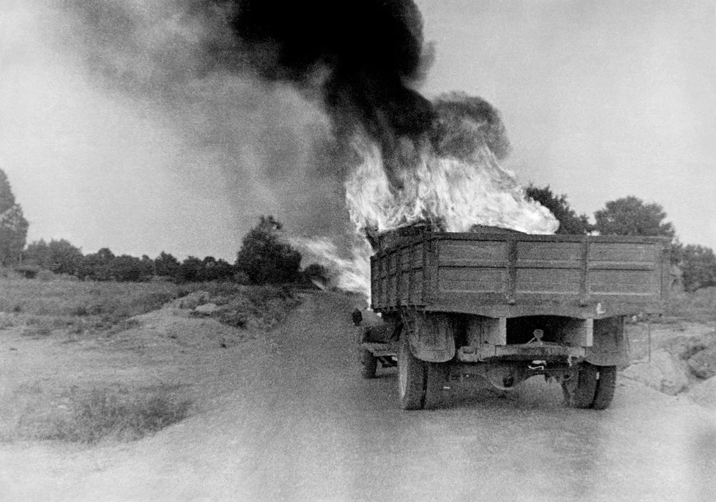 Burning truck, Battle of Brunete. July 1937. Brunete, Spain.