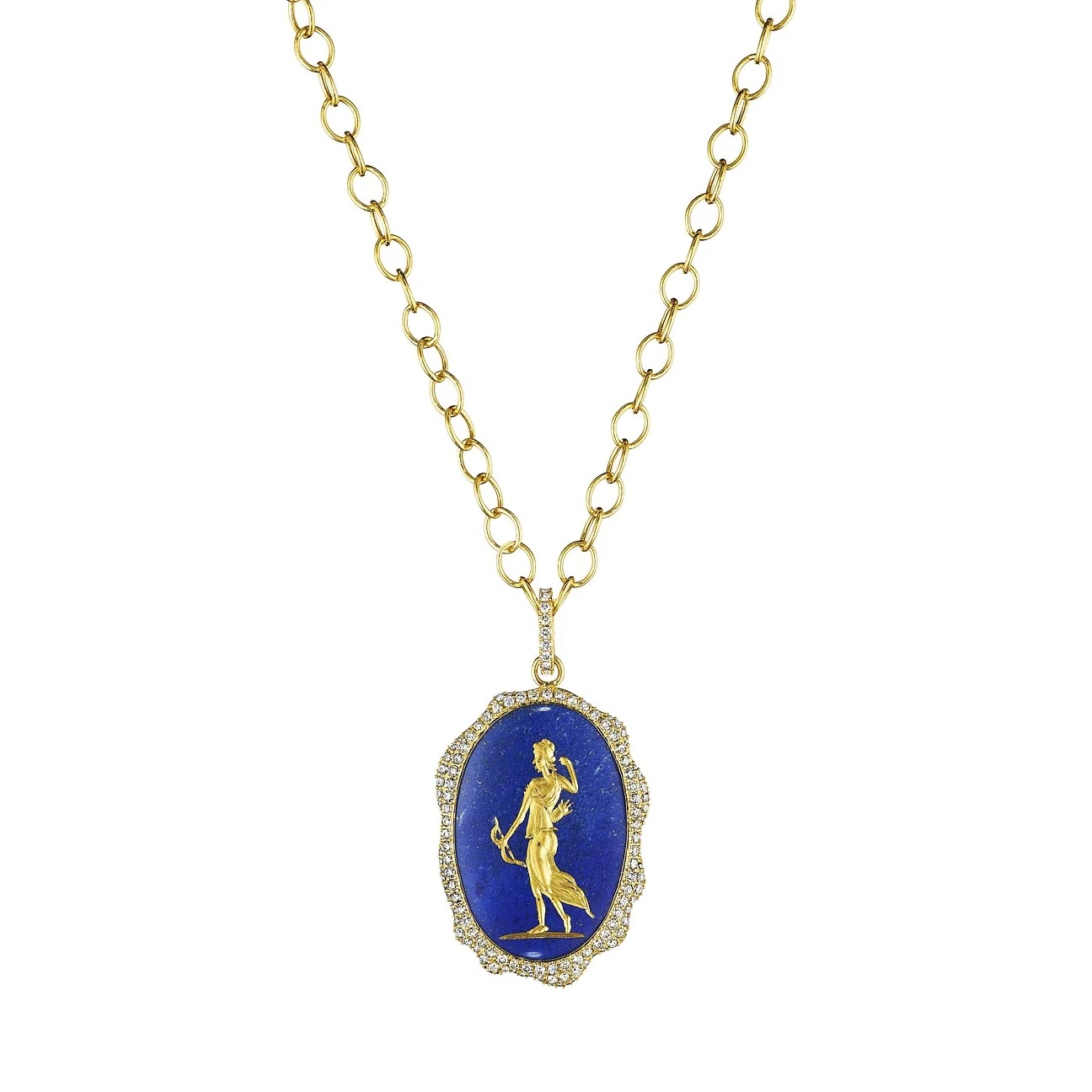 Syna 18 karat yellow gold lapis lazuli hunting goddess pendant with champagne diamonds