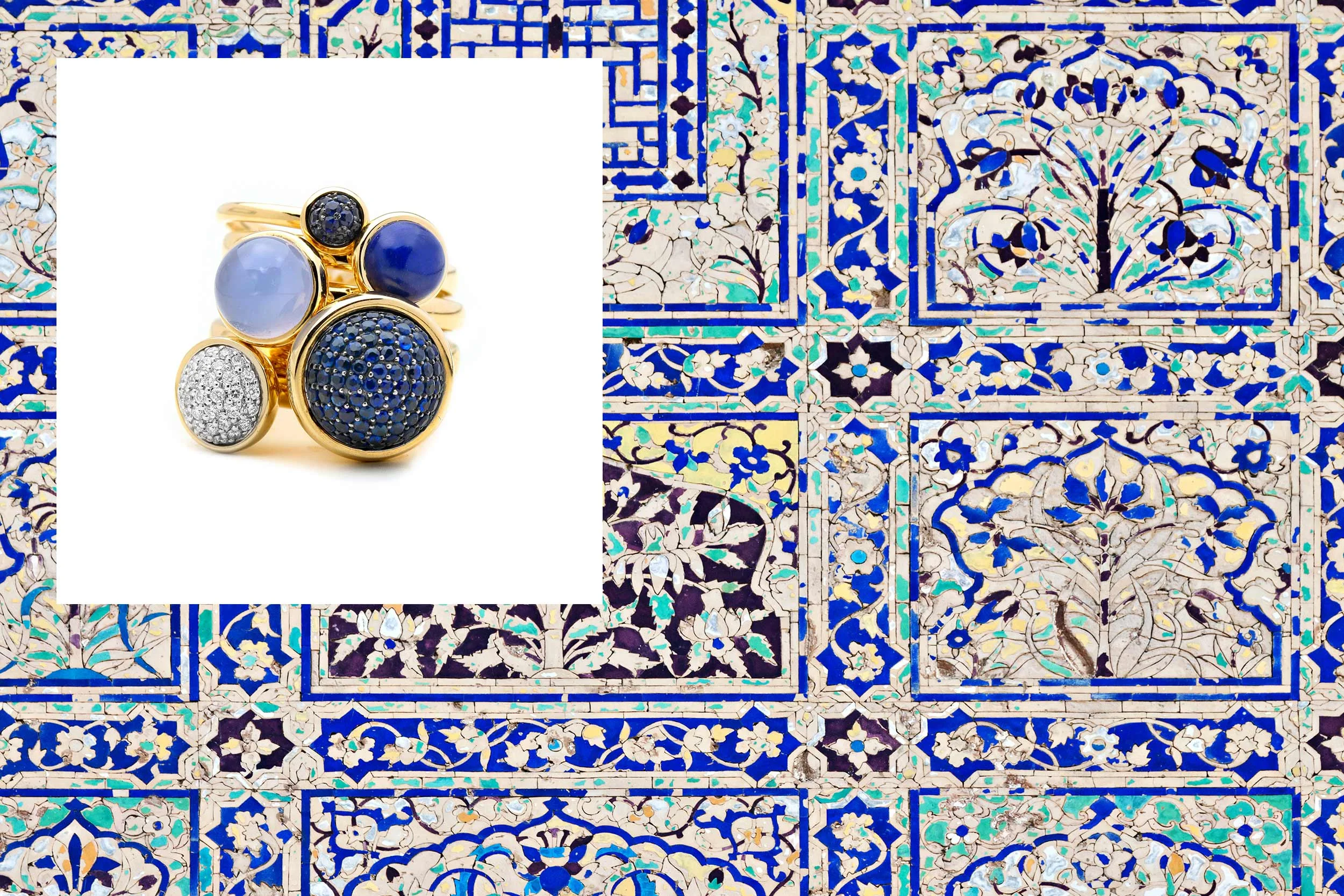 18kyg baubles stacking rings with black diamonds, blue chalcedony, blue sapphires. lapis lazuli and diamonds