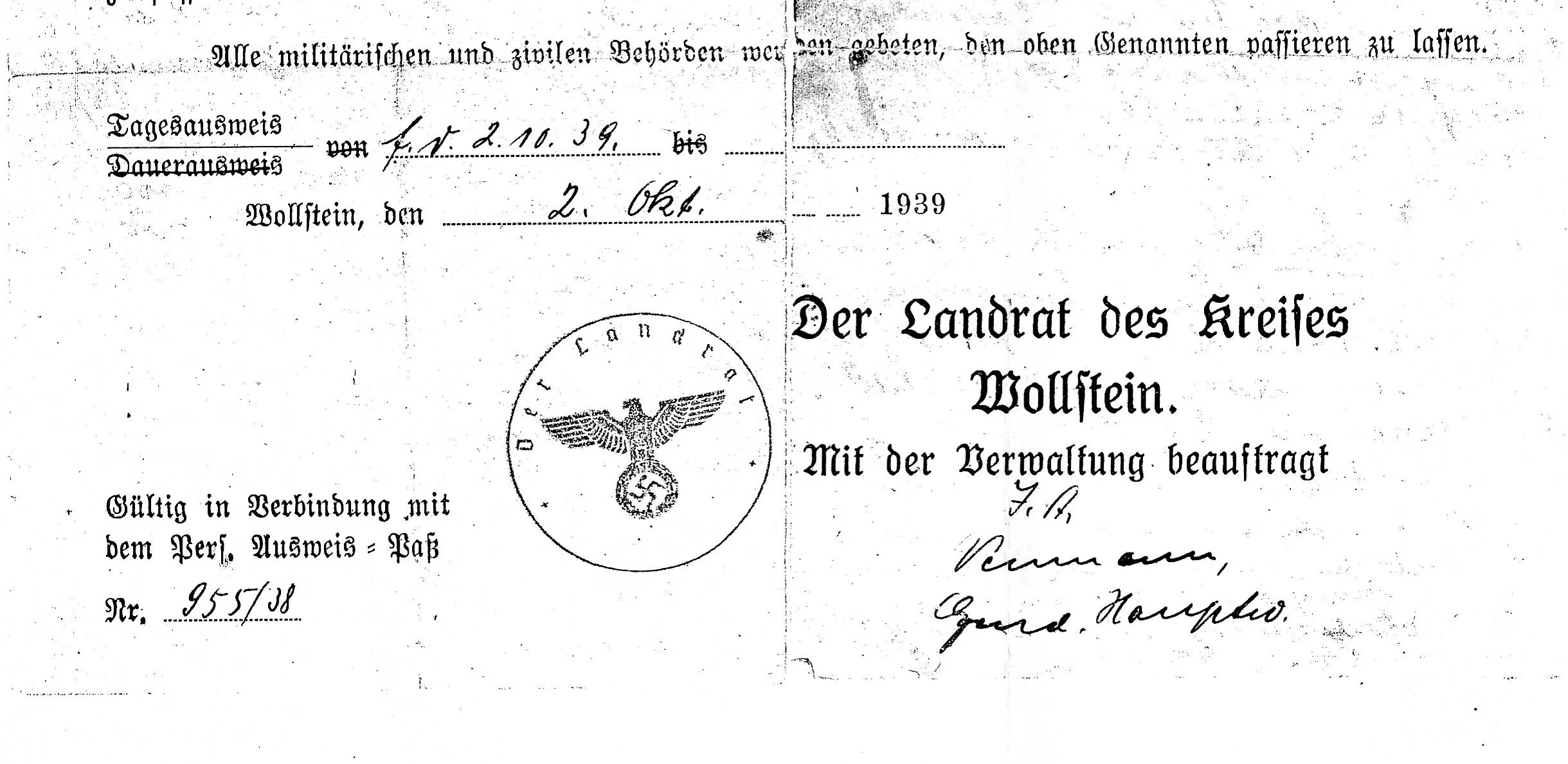 The Nazi document dated October 2, 1939, that notes Helen's capture.